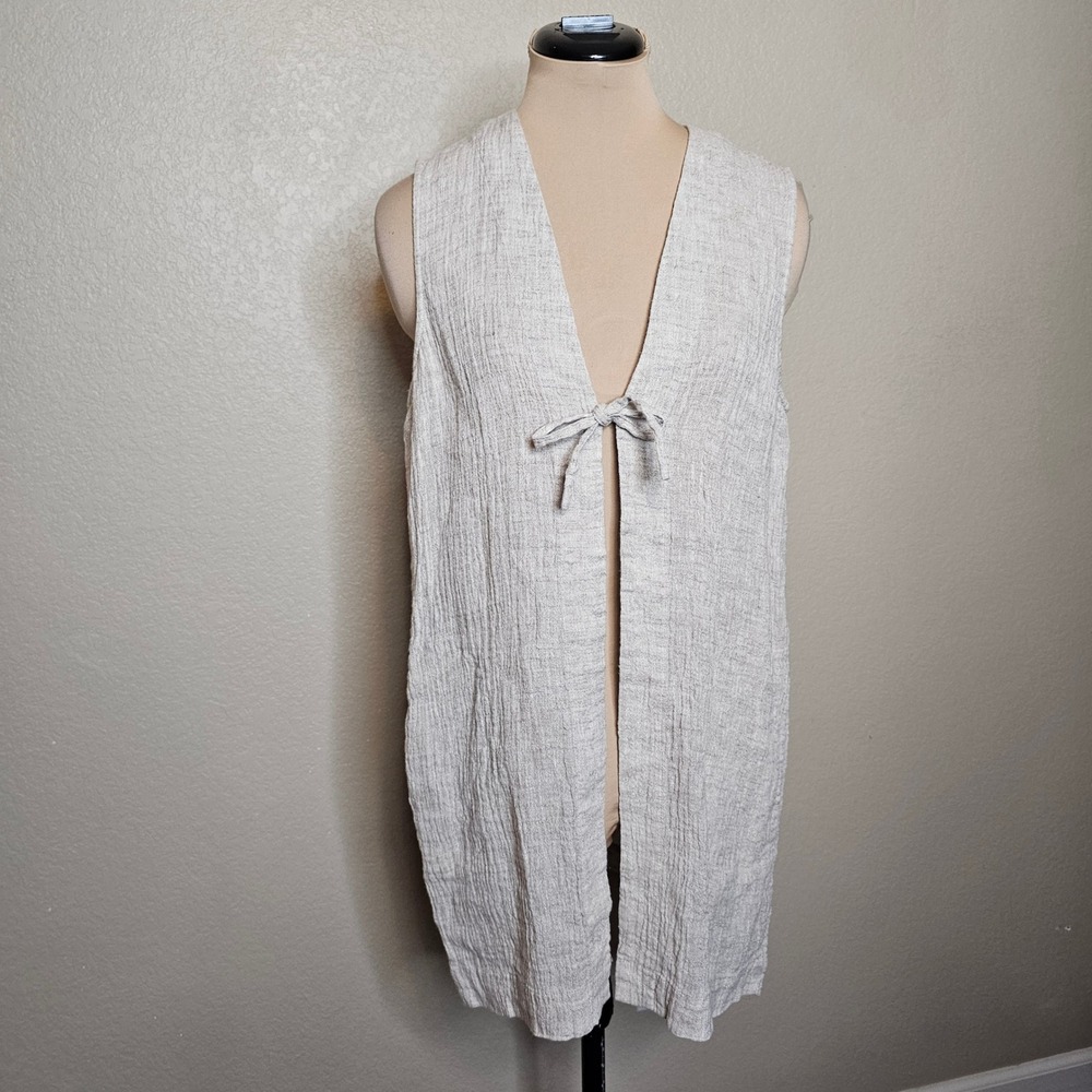 Pure J. Jill 100% Linen Crinkle Longline Tie Front Vest Oatmeal Small